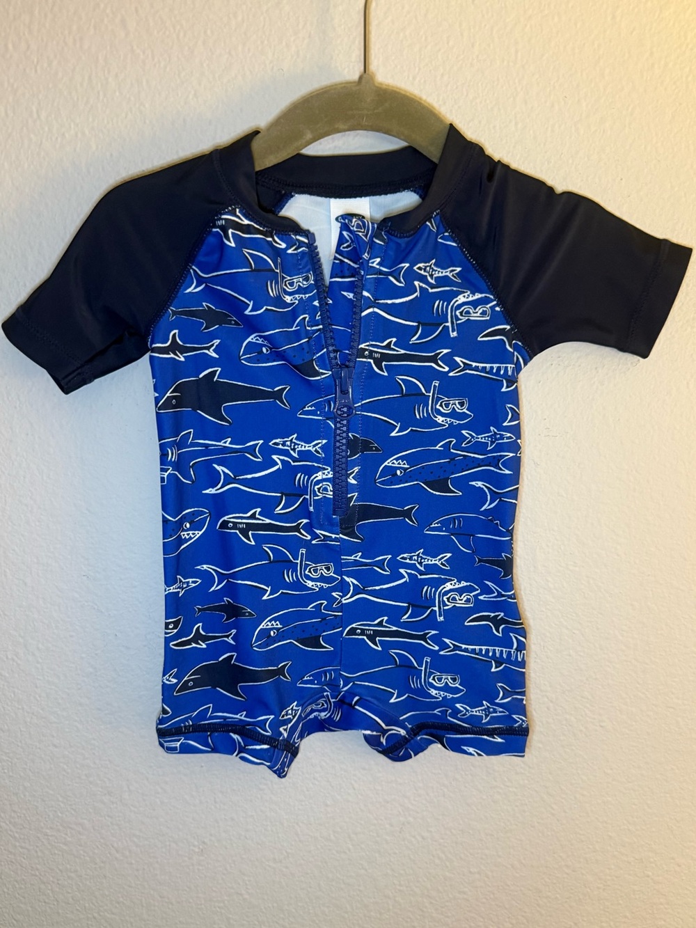 Old Navy Blue & Black Shark Print Short Sleeve Rashguard Swim Suit